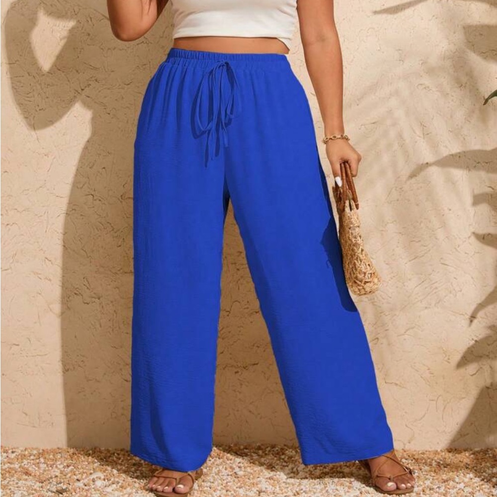 SHEIN VCAY Plus Size Solid Color Long Pants With Pockets And Knot Design
